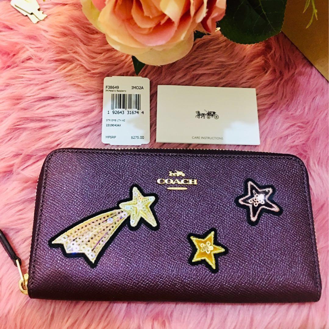 ACCORDION ZIP WALLET WITH STAR EMBELLISHMENTS METALLIC RASPBERRY LIGHT GOLD