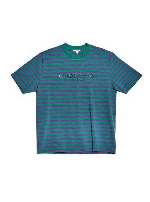 green and purple guess shirt