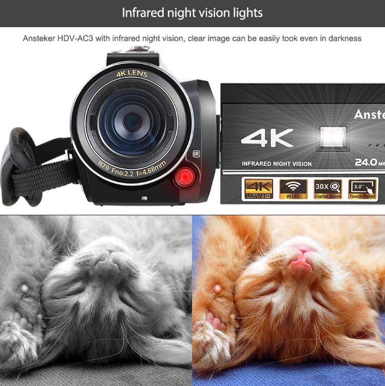 Anstaker Camera Ansteker 4K Camcorder, Ansteker Ultra-HD 1080P 24MP 30FPS Digital WiFi ...