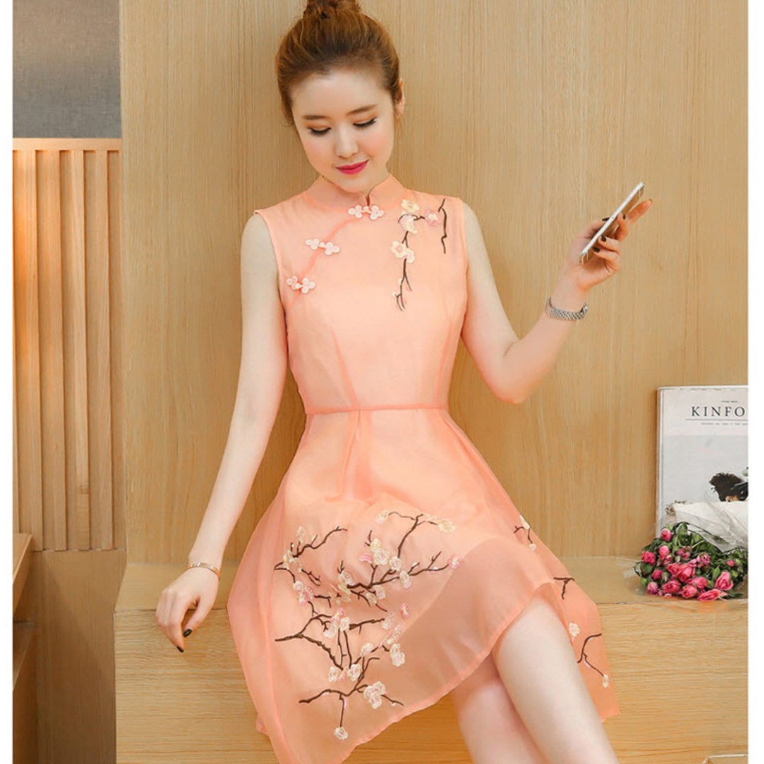Korean Style Modified Modern Floral Sleeveless Cheongsam Dress