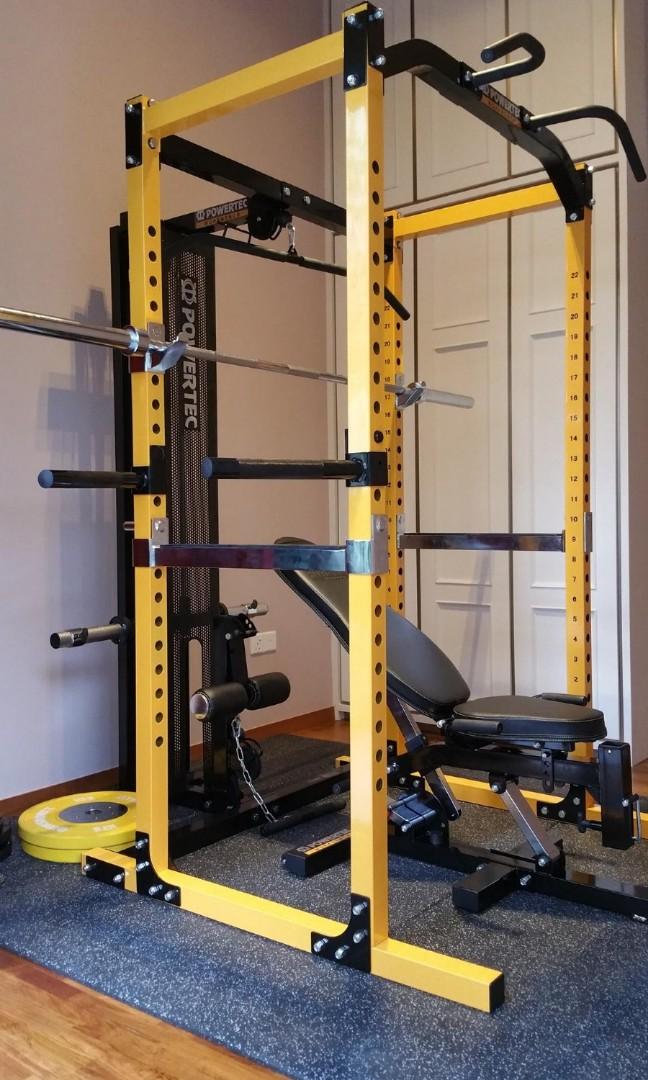 New year new body Gym in your own home Powertec cage power rack with bench barbell weights lat tower and protective rubber mats Sports Equipment Exercise Fitness Cardio Fitness Machines