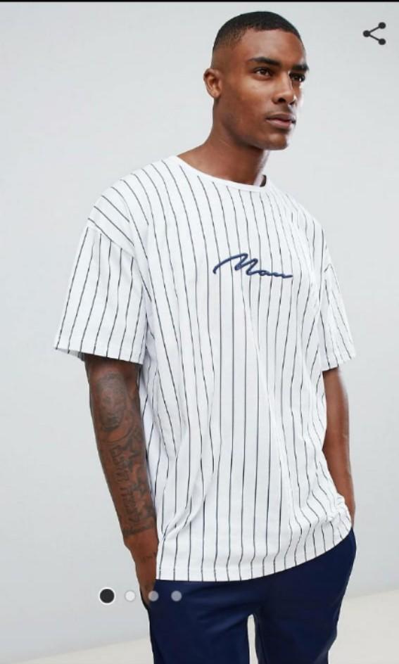 Asos Boohooman Vertical Striped T Shirt With Man Print White Men S Fashion Clothes Tops On Carousell