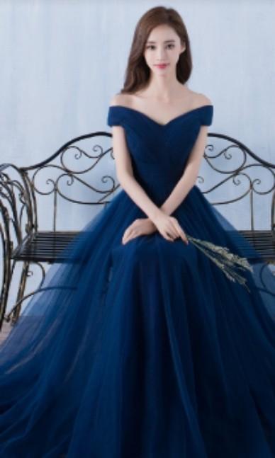 Dark blue off shoulder wedding gown evening gown Women s Fashion