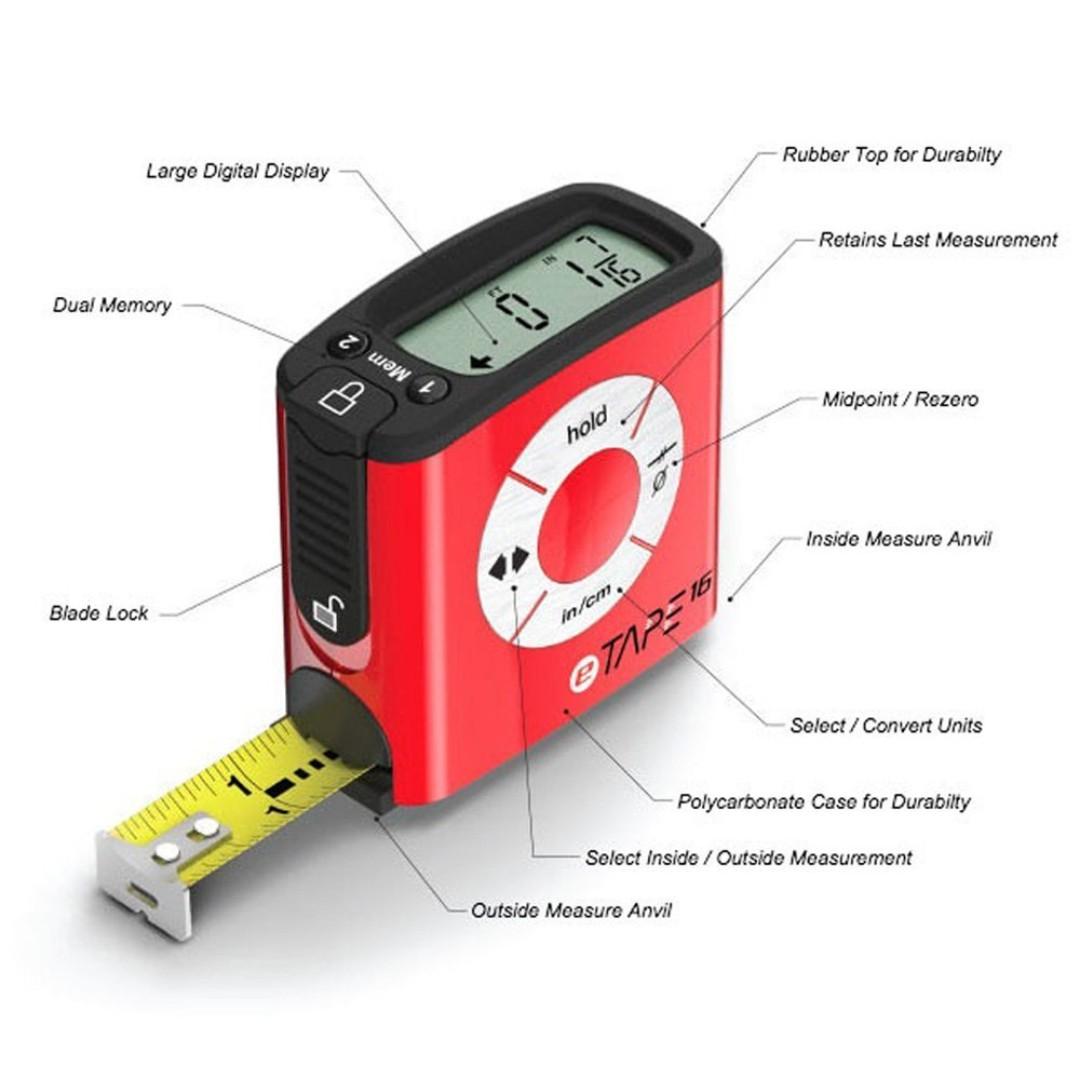 eTape16 ET16.75-db-RP Digital Tape Measure, 16 Feet, Red