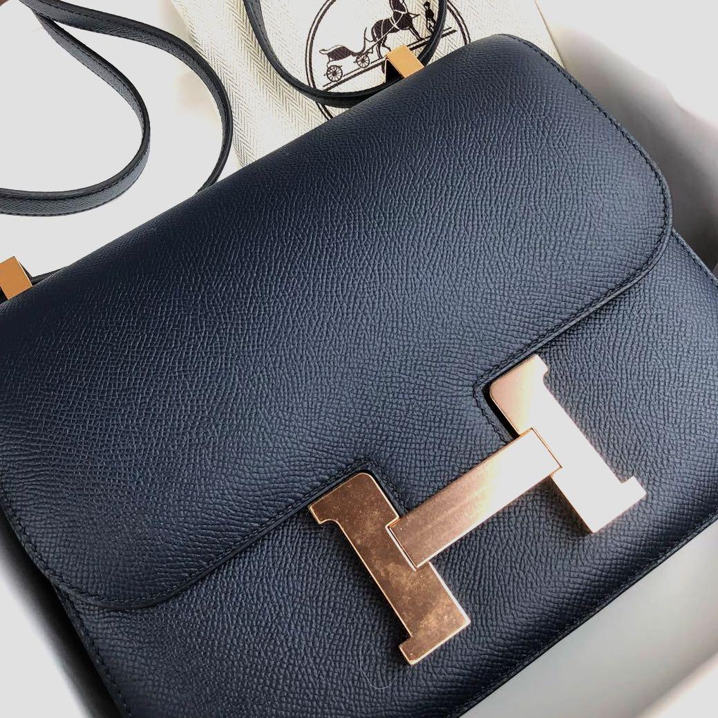 Hermès Bleu Indigo Constance 24cm of Epsom Leather with Rose