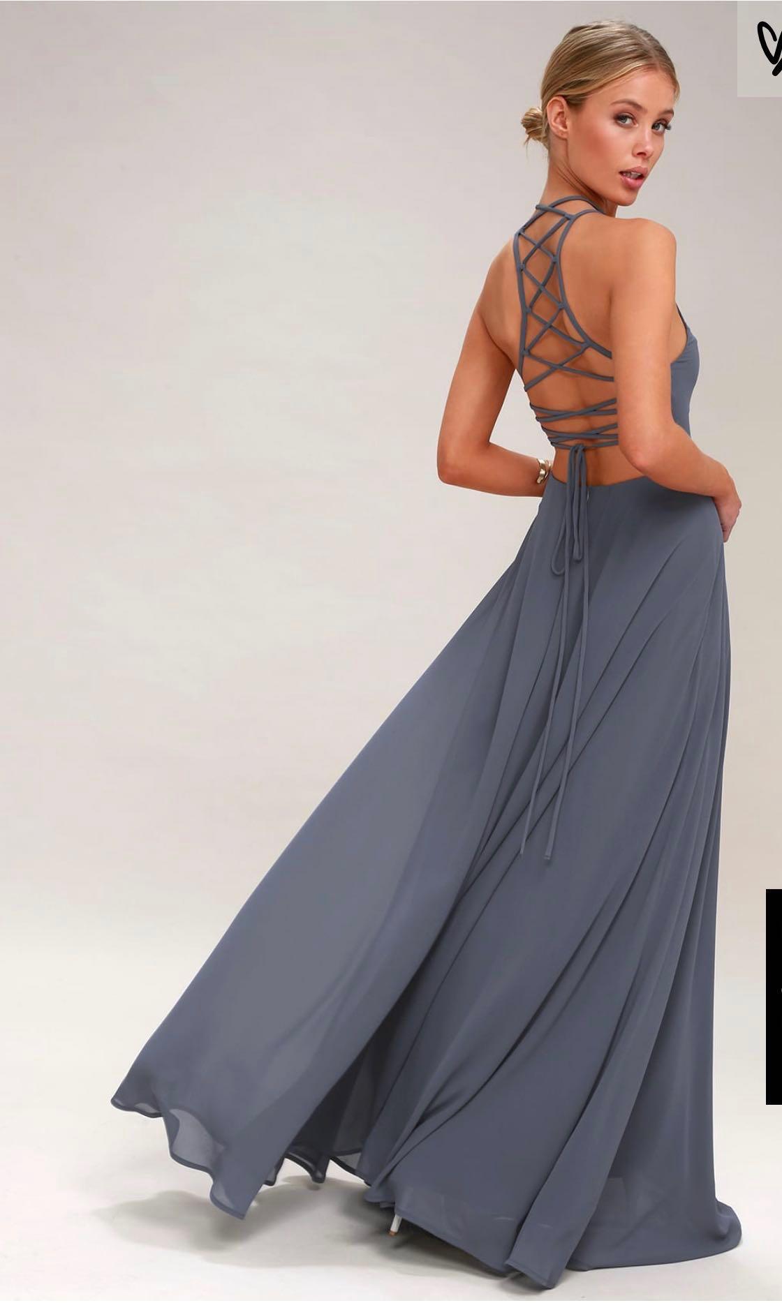 Lulus Strappy To Be Here Denim Blue Maxi Prom Dress Women s Fashion Dresses Sets Dresses on Carousell