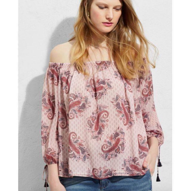 Uk 16 18 Mng Violeta Mango Off Shoulder Pink Paisley Blouse Hippie