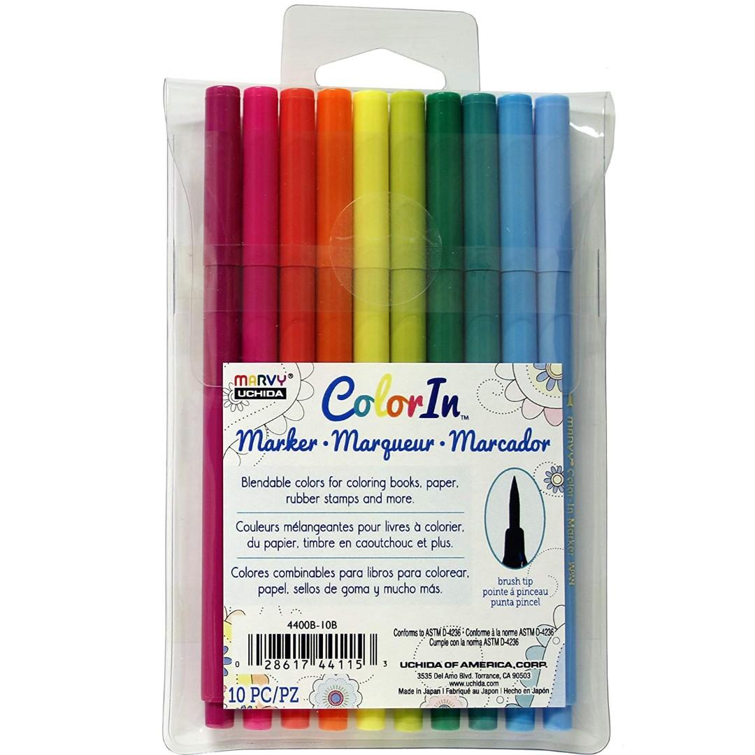 Marvy Uchida - Color In - 10 Piece Set Brush Tip Markers - Bright, Hobbies  & Toys, Stationery & Craft, Other Stationery & Craft on Carousell