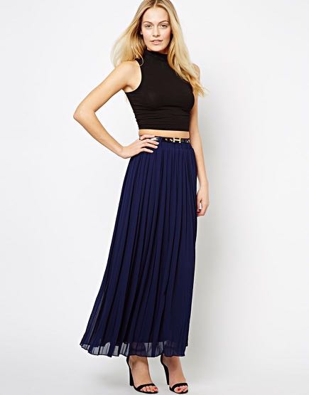 navy pleated maxi skirt