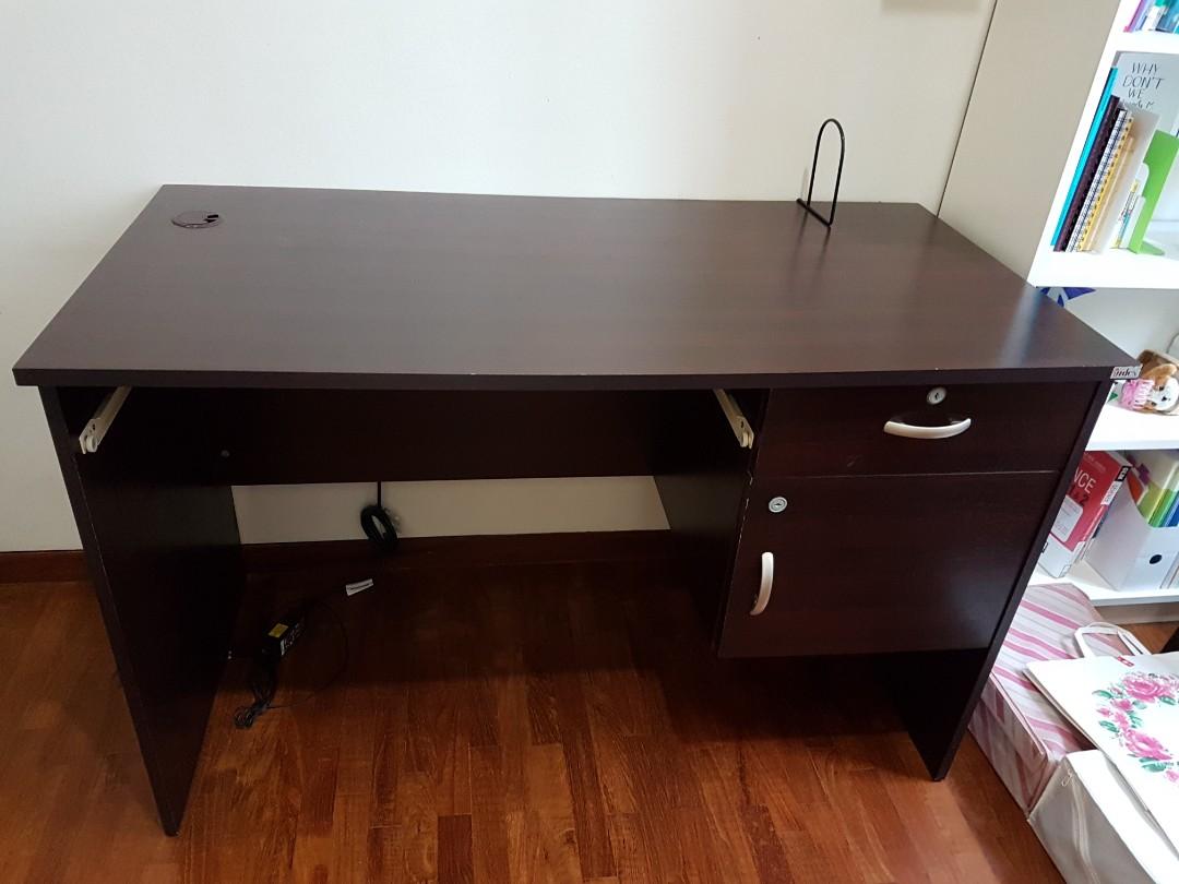 Computer and Study Table (Category: Tables & Sets) located in Singapore. Submitted by cocoa_the_cat (Listing ID 207423505, Image 1). Description: Size 24" D x 48" L x 29.5" H with keys to the drawers. self collect. mover available on carousell.