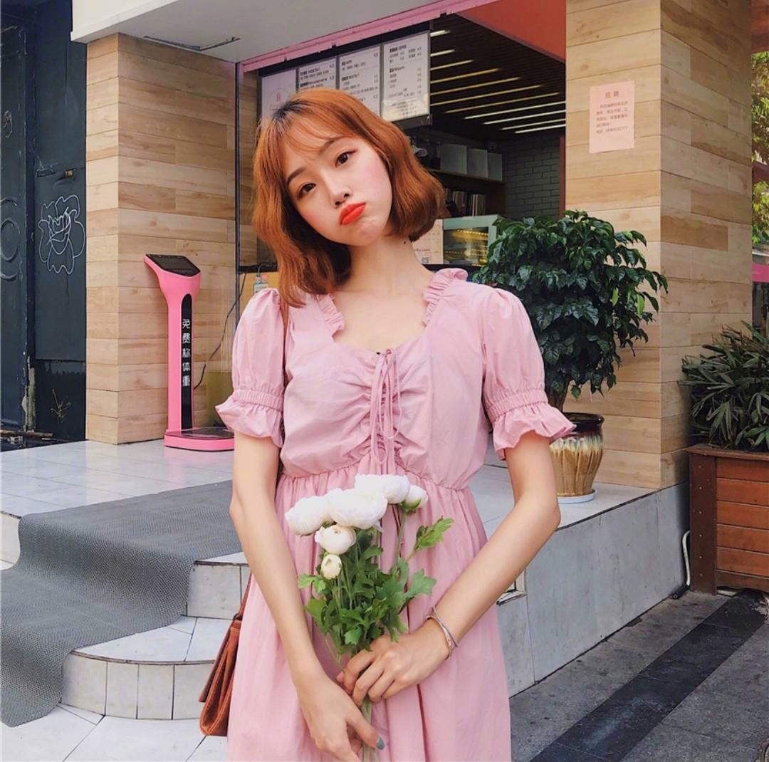 Korean Frill Dress Korea style ulzzang 2019 summer autumn temperament sweet neckline pure colour fairy princess doll beautiful chic minimalistic