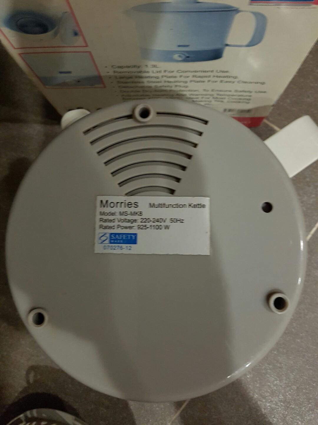 Morries multi function kettle (Category: Cookers) located in Singapore. Submitted by chm2014 (Listing ID 207380644, Image 4). Description: Used, yet still clean multi purpose boiler. 1.3L ideal for quick boil/keep warm of water. working condition video here: https://tinyurl.com/nhecjjjw.