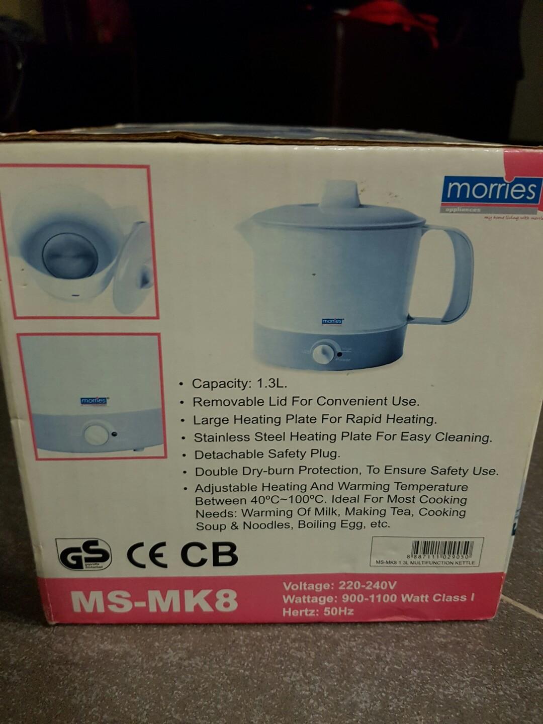 Morries multi function kettle (Category: Cookers) located in Singapore. Submitted by chm2014 (Listing ID 207380644, Image 2). Description: Used, yet still clean multi purpose boiler. 1.3L ideal for quick boil/keep warm of water. working condition video here: https://tinyurl.com/nhecjjjw.