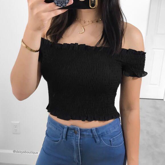 black smocked off the shoulder top