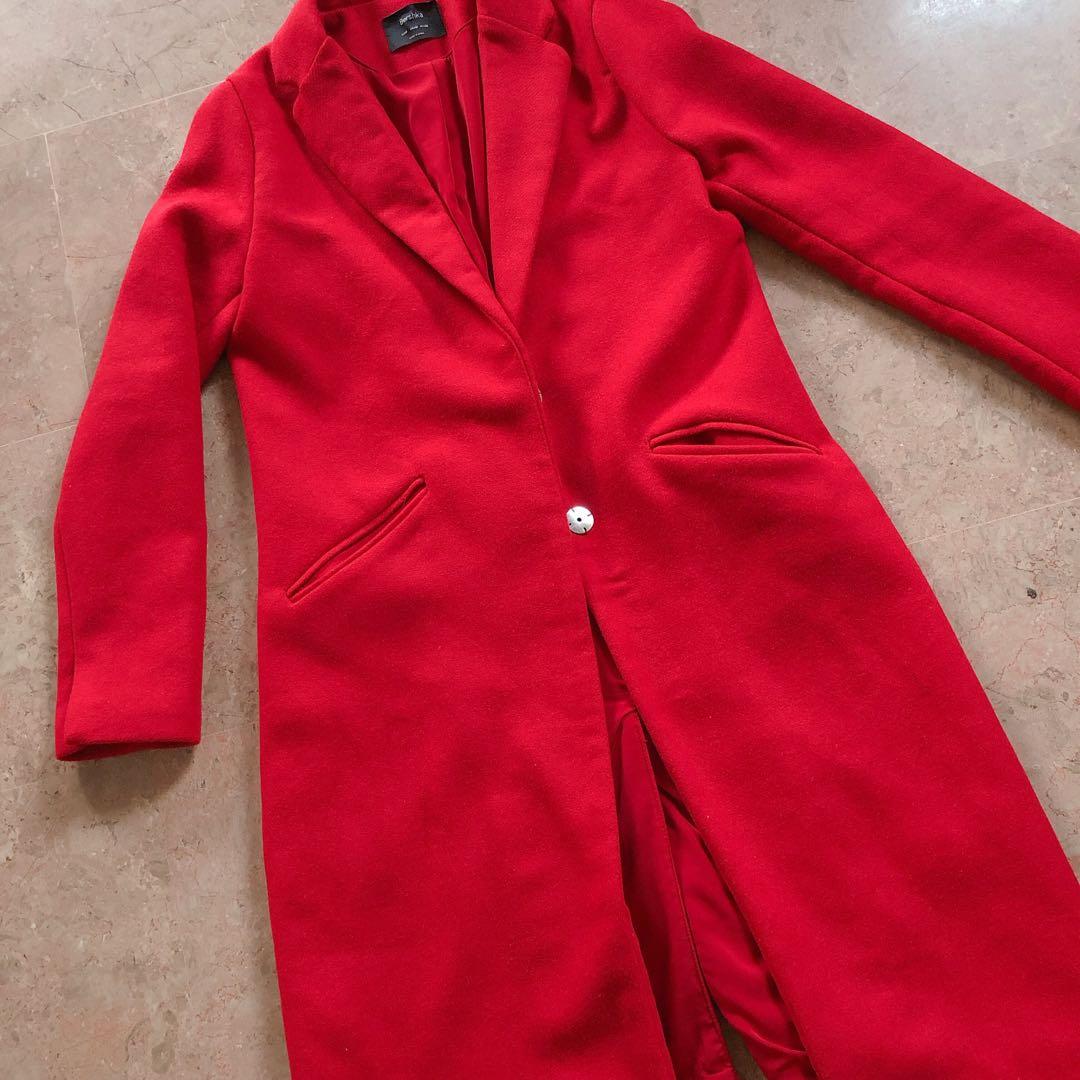 Bershka longline red winter coat Women s Fashion Coats Jackets and Outerwear on Carousell
