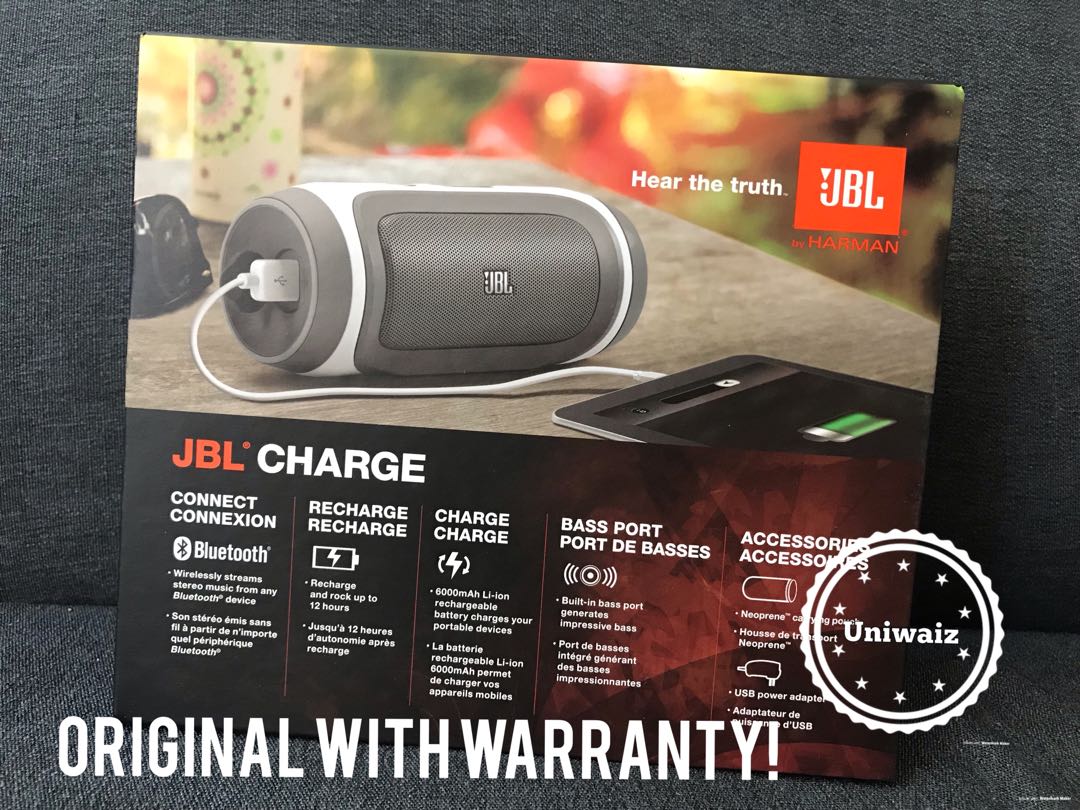 Brandnew JBL CHARGE Black (Category: Portable Audio Accessories) located in Mandaluyong City. Submitted by uniwyse (Listing ID 207623953, Image 2). Description: Please see pictures for the complete details of the item.. Last Piece Sale!! For only P 4,800! Brandnew and sealed! All original 💯 with warranty Color: Black For meet ups or you can visit our physical store. Introducing the JBL® Charge, - more than 12 hours of playback time from a single