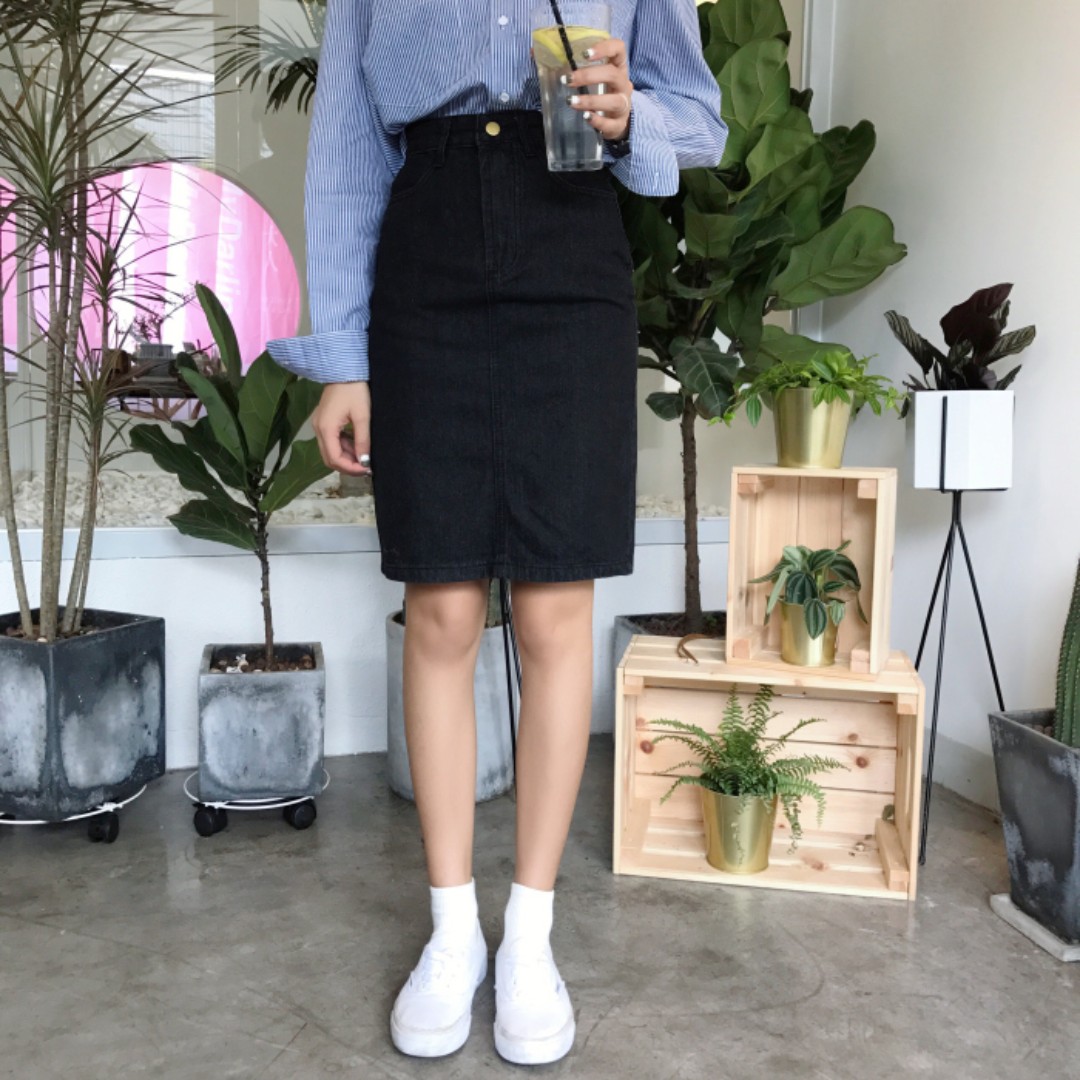 PO Tiffany s Black Denim Midi Skirt Korean Fashion Women s