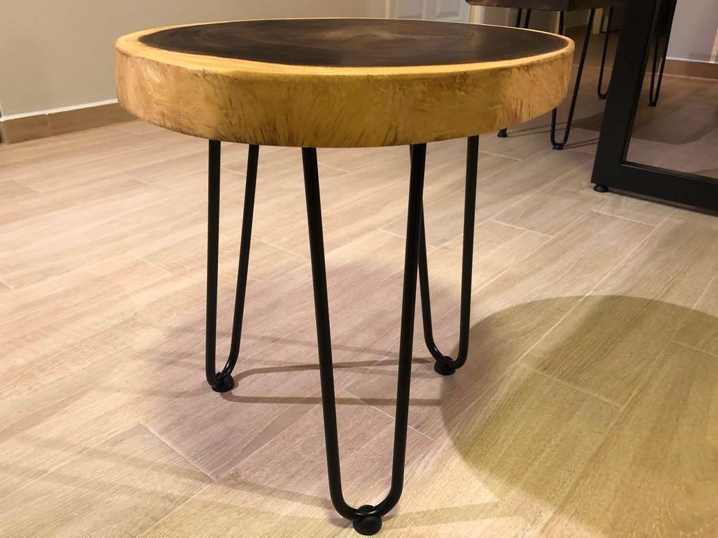Solid Wood side table (Category: Tables & Sets) located in Singapore. Submitted by rubenmj (Listing ID 191431863, Image 1). Description: Specially handcrafted custom made Suar wood coffee side table / bedside table. This real Suar wood slab has been treated against insects, polished and lacquered. Comes with 3 fitted hairpin legs with rubber base protector. Selling this exact item for $200 Specifications: - Dimensions: Approximately 43-47 cm - He