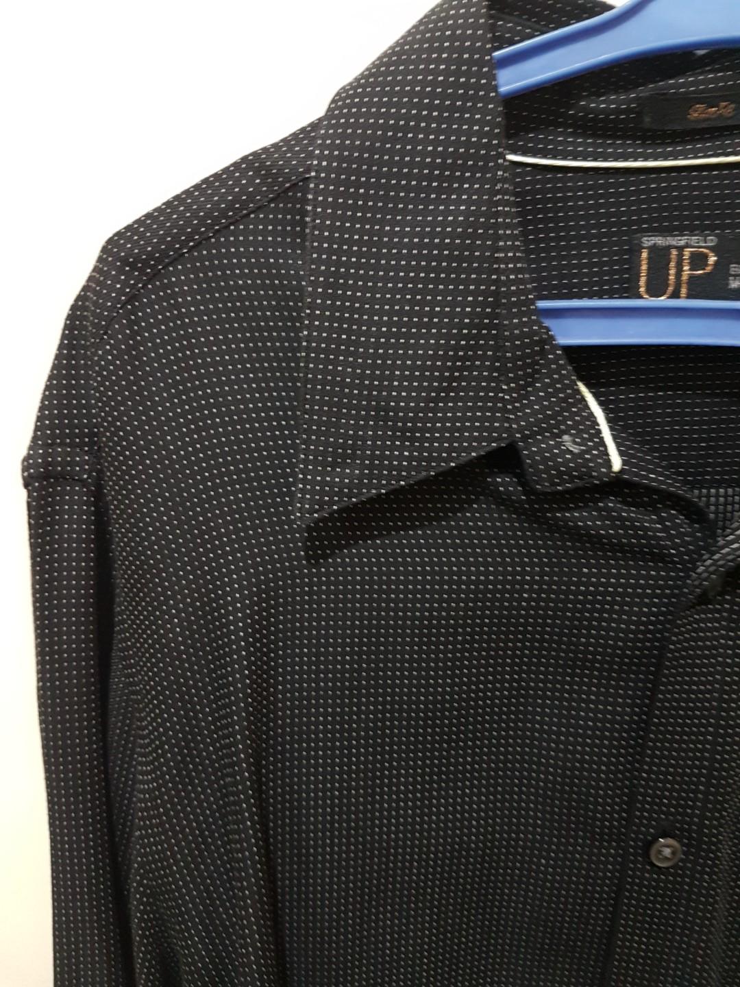 Springfield slim fit black long sleeved polo (Category: Sleep and Loungewear) located in Makati City. Submitted by rjp20 (Listing ID 207587875, Image 1). Description: Good as new. Only worn once. Black Polo w white patterns Size medium but slim fit. #carou2019.