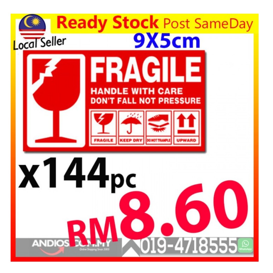 144pc Fragile Sticker 5x9cm Pelekat Mudah Pecah Handle Care Post Box Poslaju Kourier Everything Else Others On Carousell