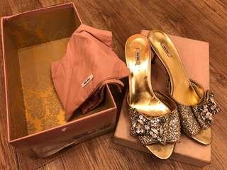 MIU MIU - (39) Glitter Bow kitten heels sandals