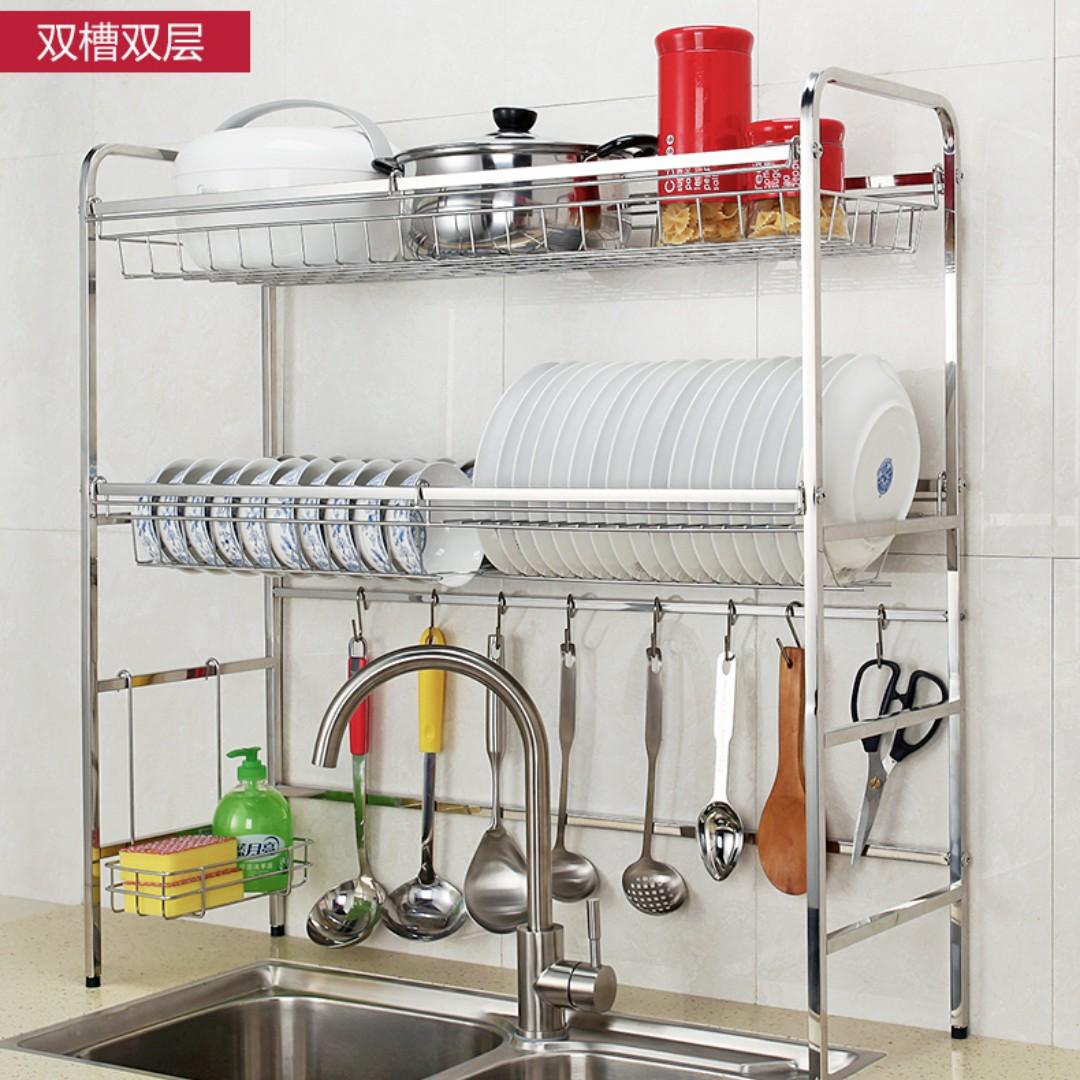 304 Stainless Steel Dual Dish Rack Over Sink Countertop With