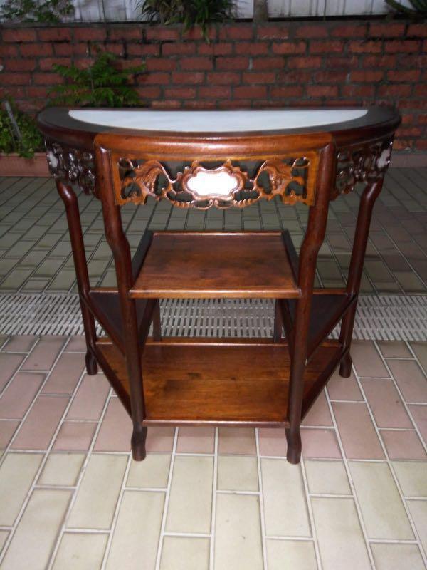 Antique Solid Wood Carved Semi Circle Marble Table Furniture