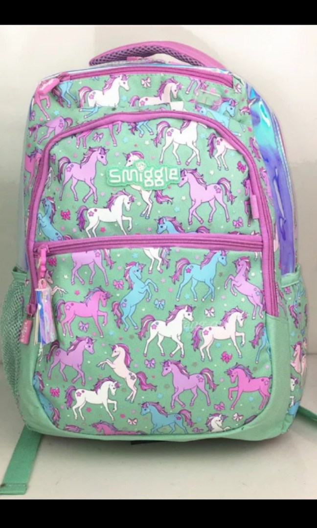 Smiggle unicorn backpack, in mint green pink amd purple color. With ...