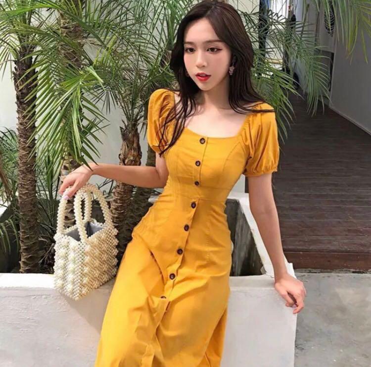 Yellow Mustard Vintage Dress/ Korean style, Women's Fashion, Muslimah