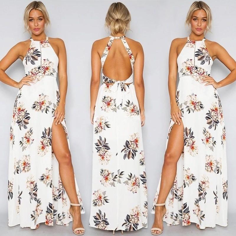 SheIn Women's Floral Strappy Backless Summer Evening Party Maxi Dress White  Banana Leaf X-Small at  Women's Clothing store