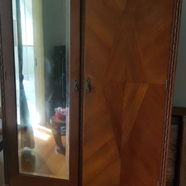 Teak 2 Door Wardrobe With Mirror Furniture Shelves Drawers On