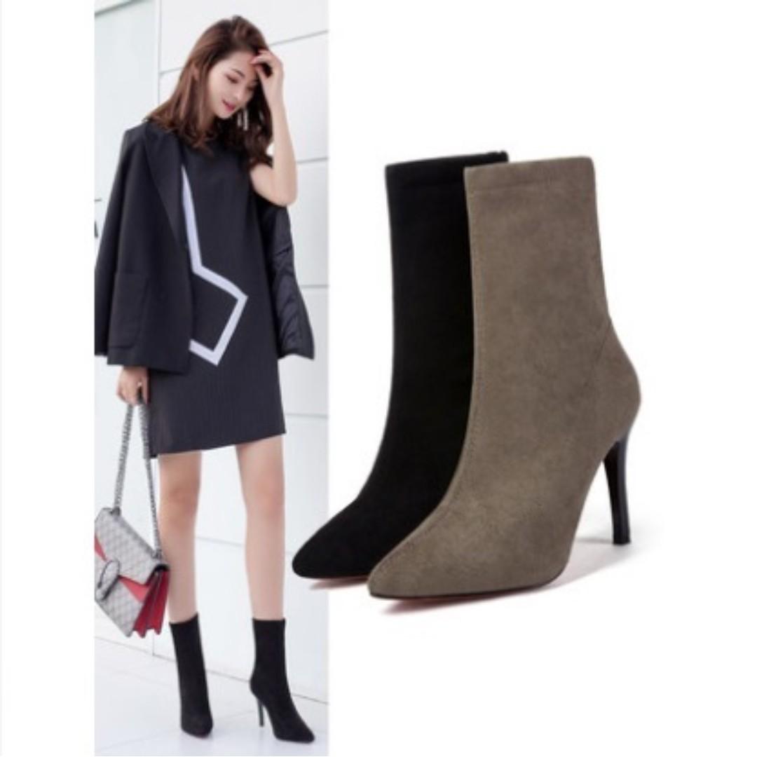 Women Korean Fashion Sexy Suede High Heel Ankle Boots Black Khaki