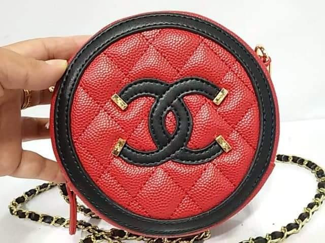 Chanel Red Quilted Caviar Leather Round CC Filigree Crossbody Bag