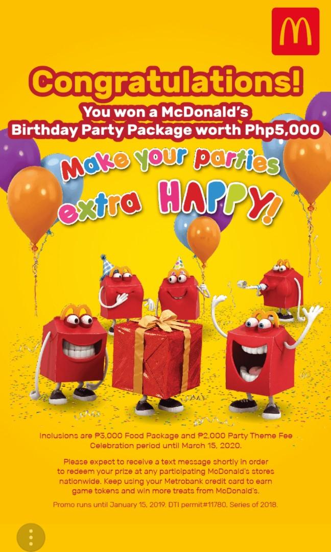 Mcdo birthday package, Tickets & Vouchers, Store Credits on Carousell