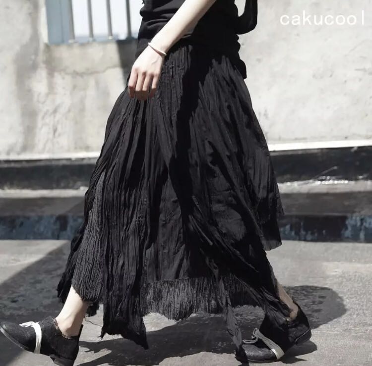 Po Black Long Skirt Pleated Mesh Linen Patch Skirt Holes Ripped