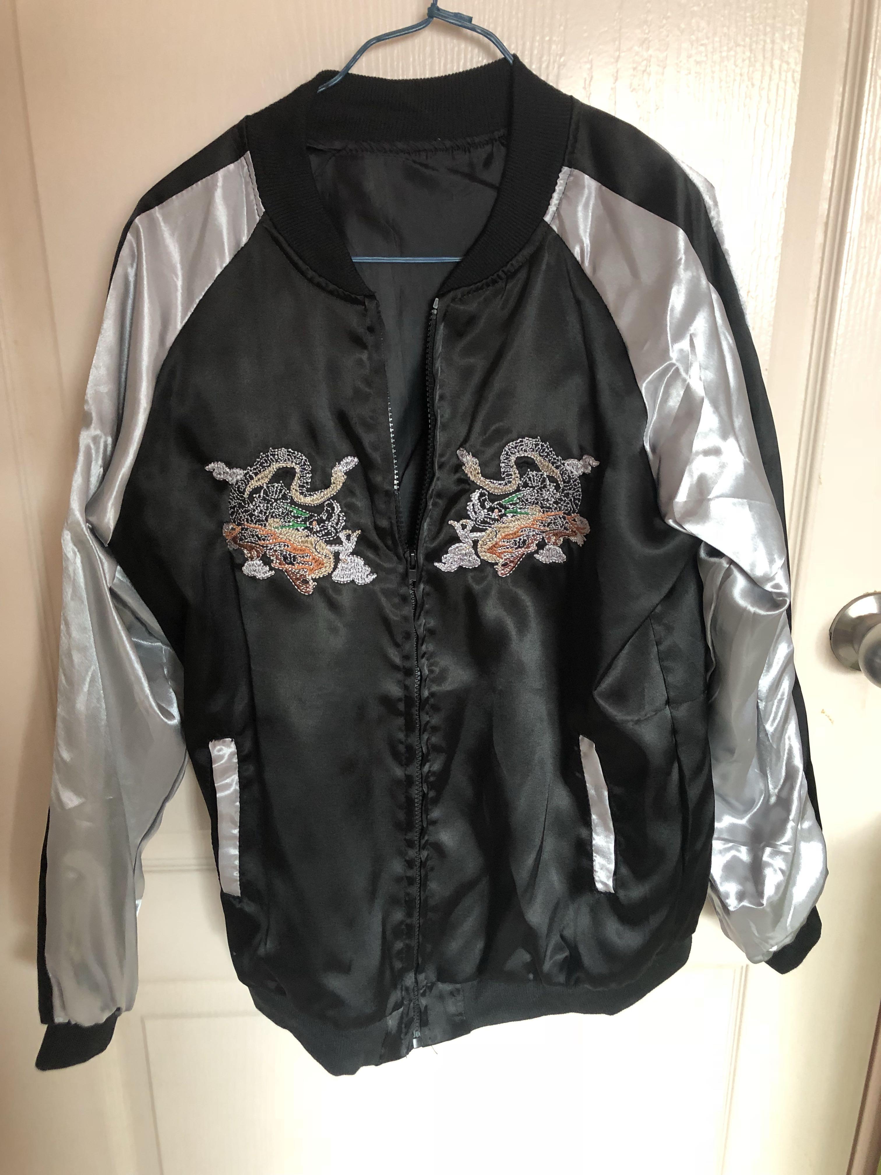 Satin dragon bomber jacket silver Women s Fashion Coats Jackets and Outerwear on Carousell
