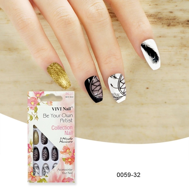 24pcs Set False Nails Black Ink Painting With Gold Glitter Coffin