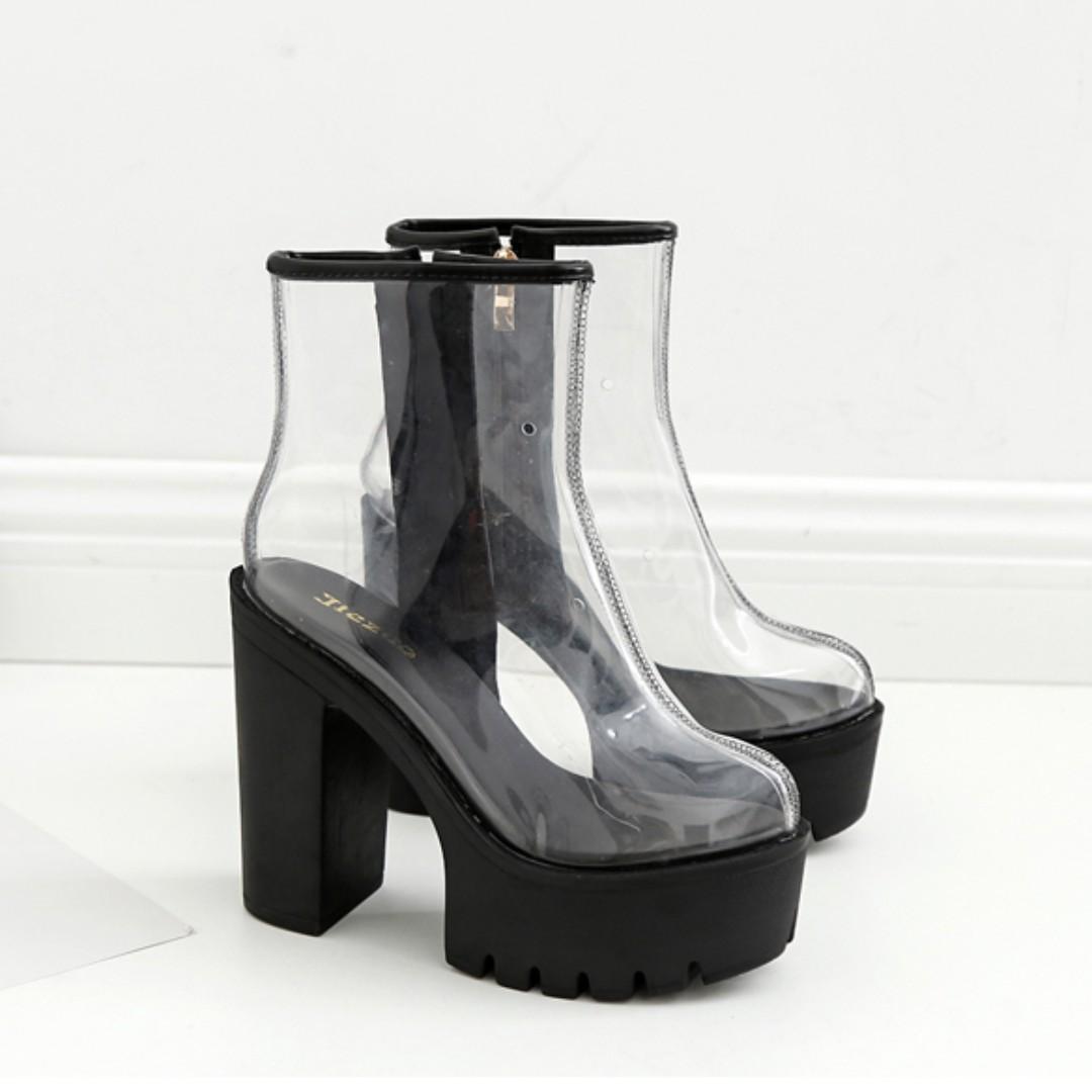 BN PVC Clear Transparent High Heel Platform Ankle Waterproof Rain Boots in Black