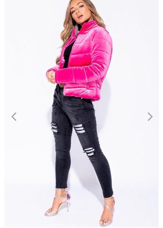 Pink velvet puffer jacket sale