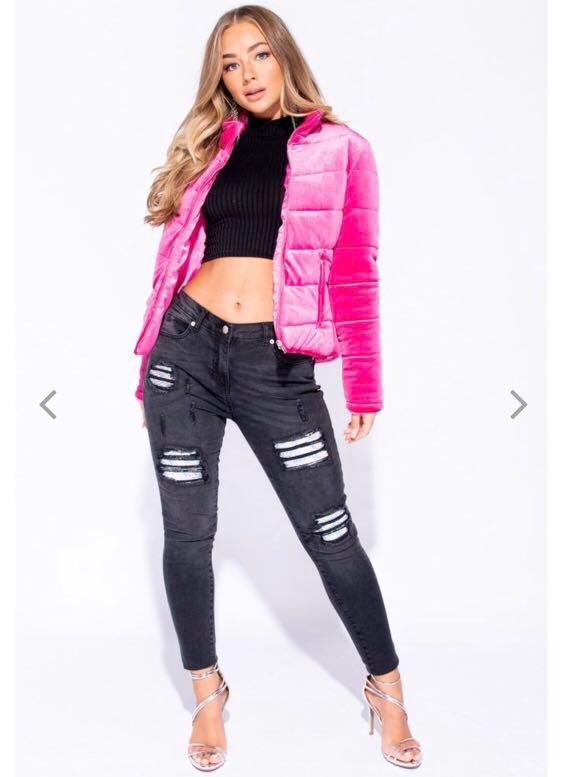 Hot Pink Velvet Puffer Jacket Coat Women s Fashion Clothes on