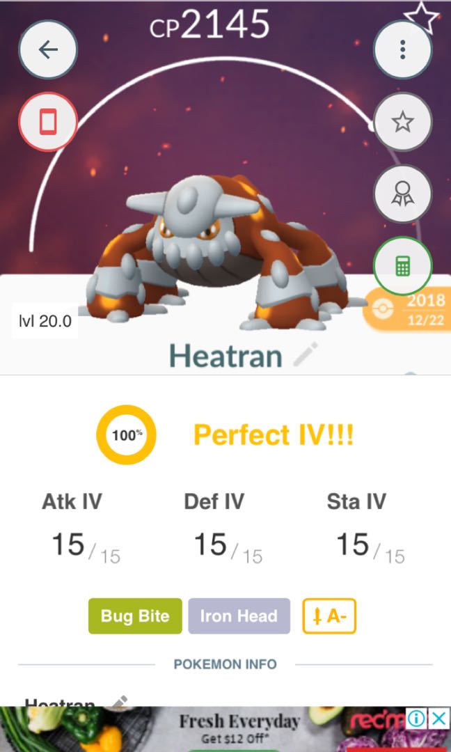 Pokemon Go Perfect 100 Iv Heatran Toys Games Video Gaming Video Games On Carousell