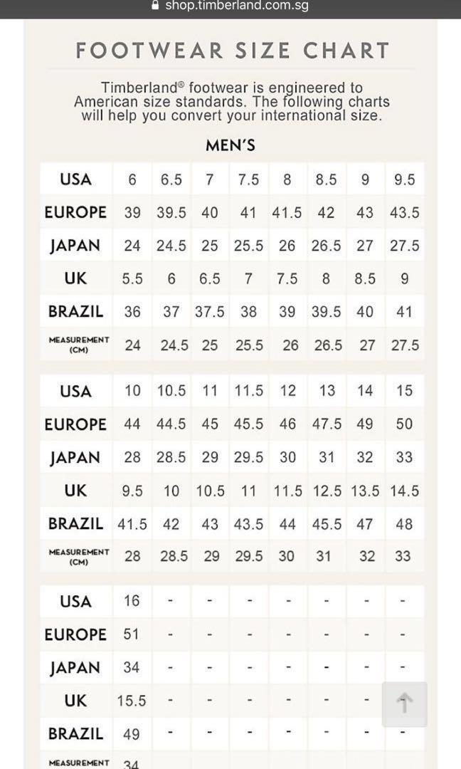 timberland size chart shoes