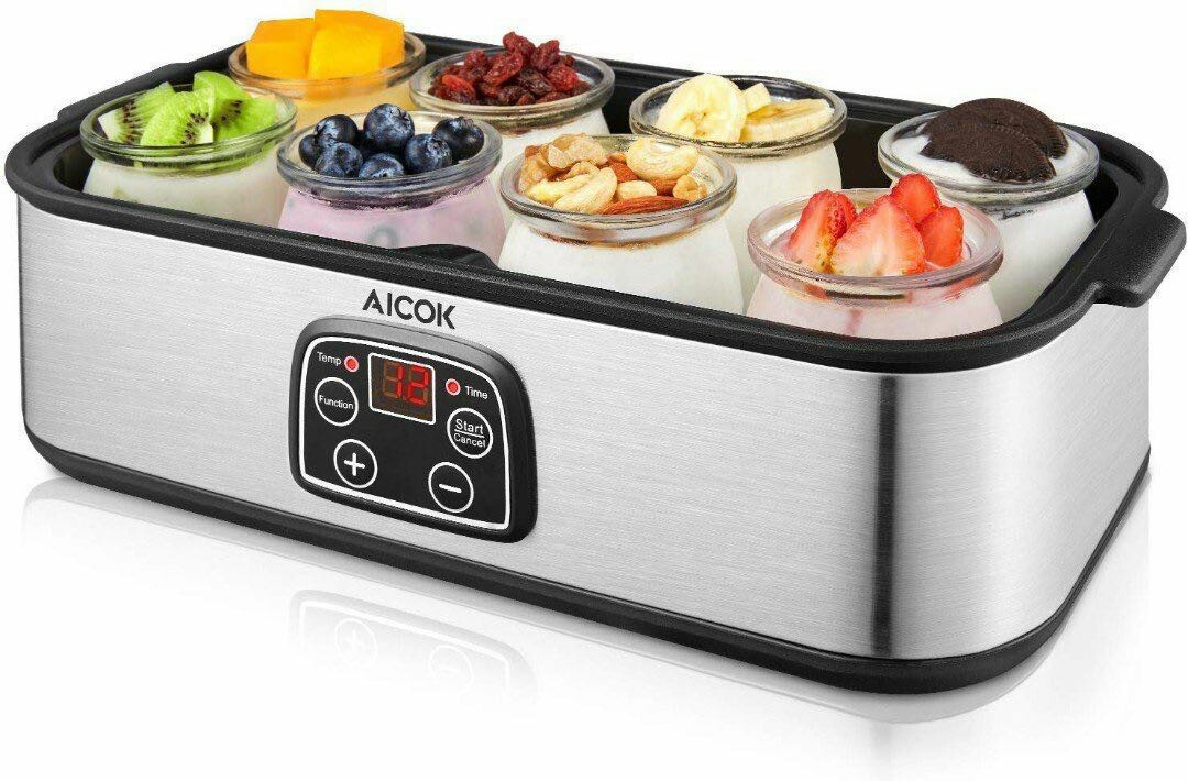 Yoghurt Maker Aicok Homemade Yoghurt Machine 8 Glass Jars 1440ml Led Display with Temperature Setting and Timer Auto Off 30W Stainless Steel 