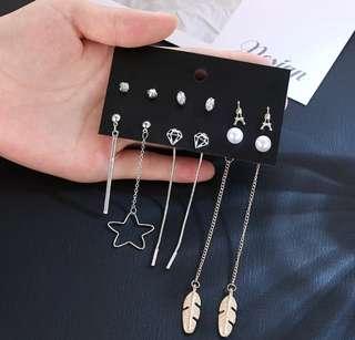 6 pasang anting wanita mix long chain tusuk earrings
