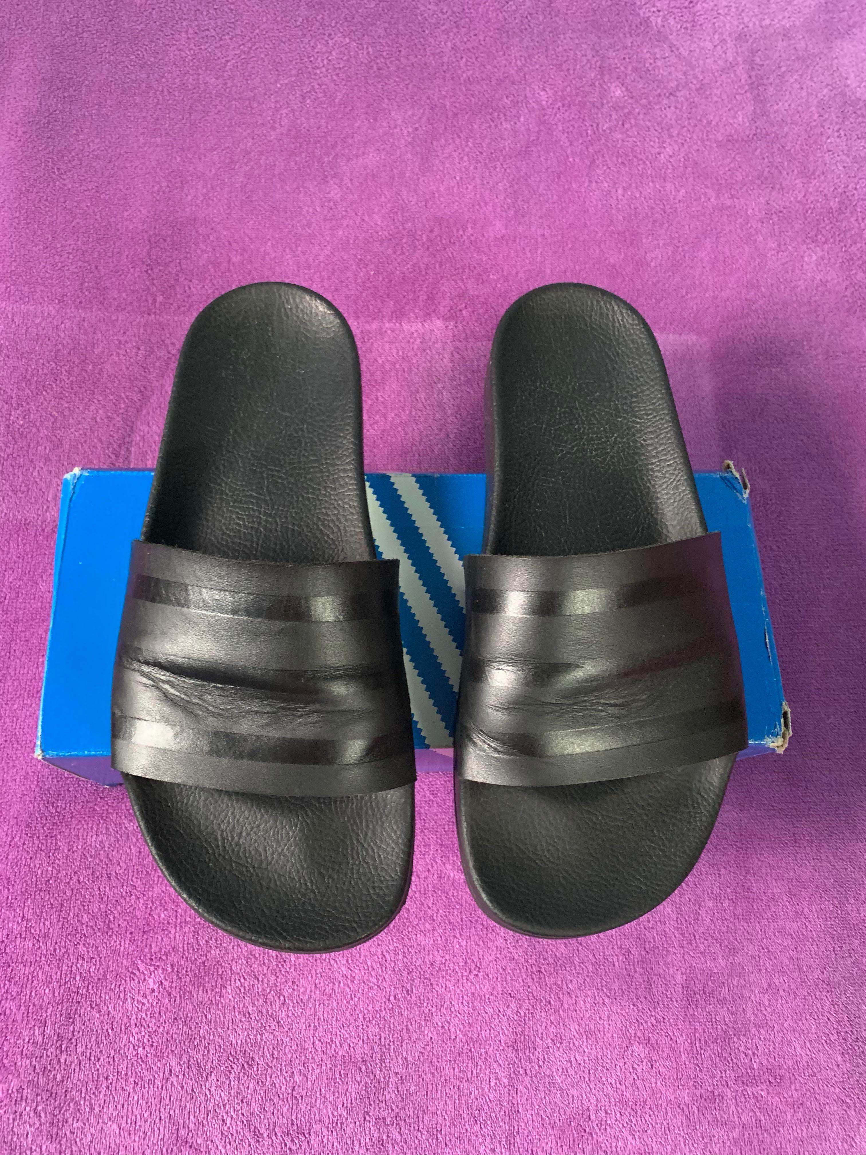 Adidas Adilette Black Leather, Men's Fashion, Footwear, Slippers \u0026 Sandals  on Carousell