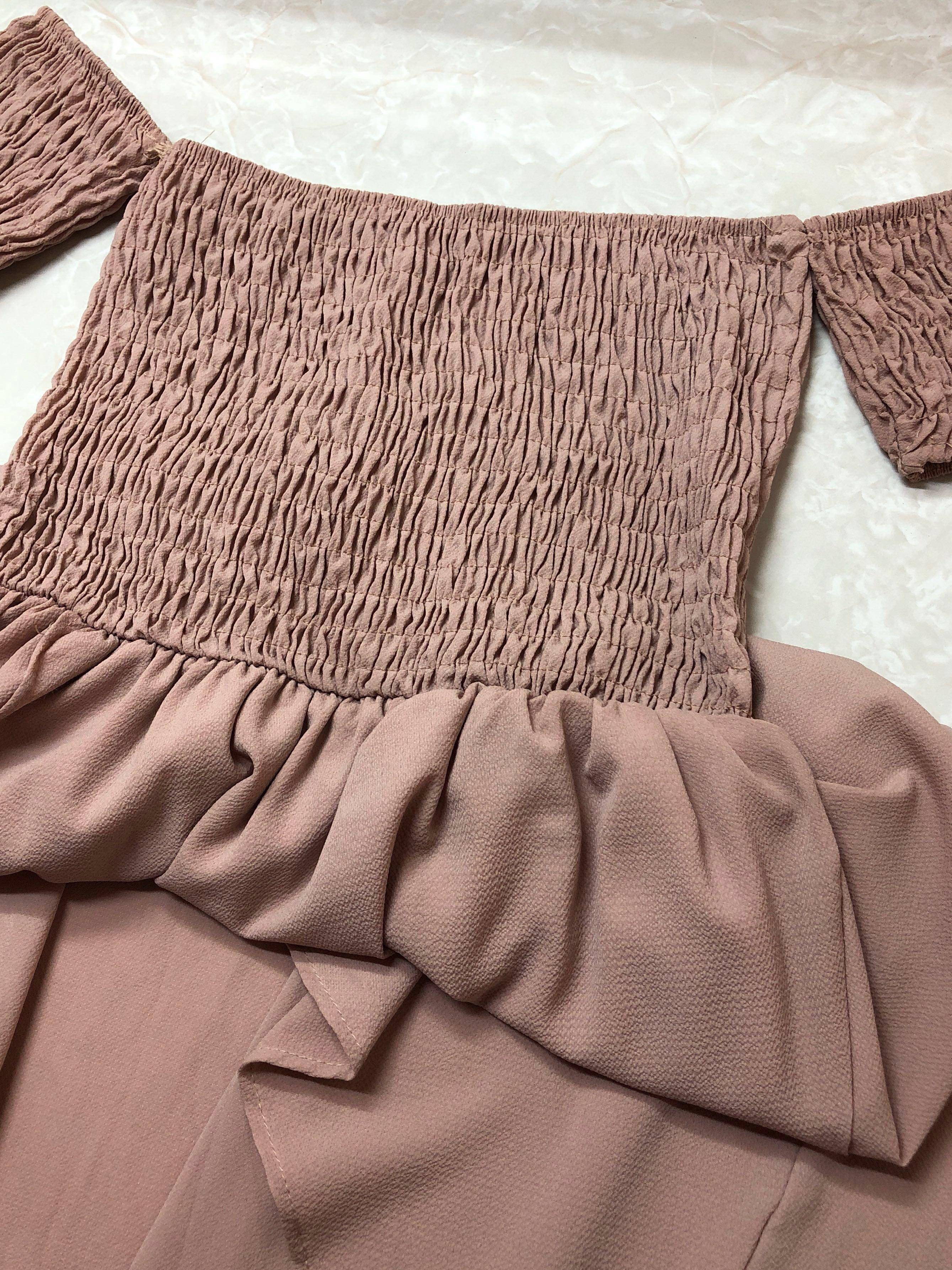 Nude Dress Smocked Off Shoulder High Low Chiffon (Category: Dresses) located in Cebu City. Submitted by donnalyc (Listing ID 208560607, Image 1). Description: used for a few hours only.