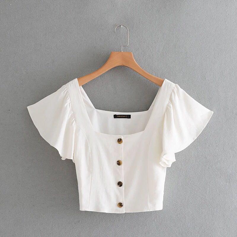 zara white top with ruffle sleeves