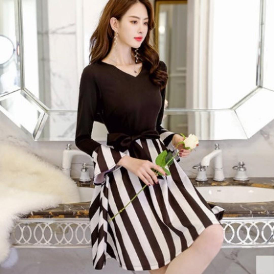 Women Korean Fashion Casual V Neck Long Sleeve Dating Dress