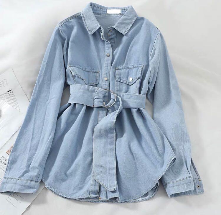 Denim Top With Belt Women S Fashion Clothes Tops On Carousell