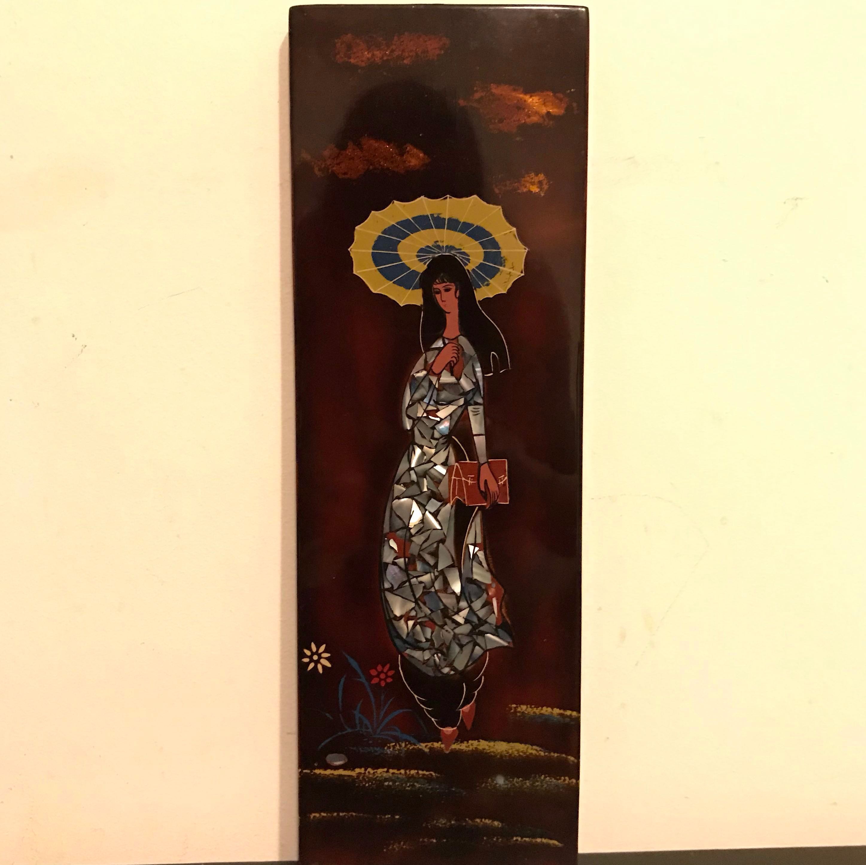 Japanese Lady Chipped Shiny Stone Handmade Wooden Wall Decor